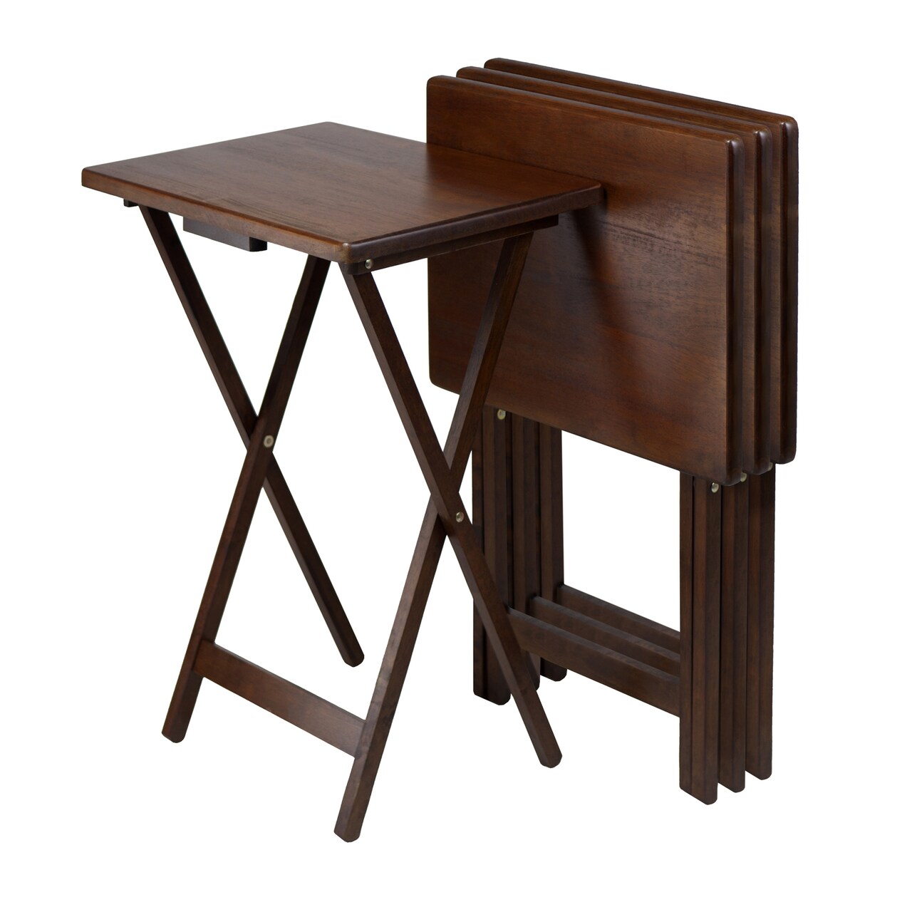 Contemporary Home Living Set of 4 Rich Antique Walnut Folding Single Snack Tables 25.75"